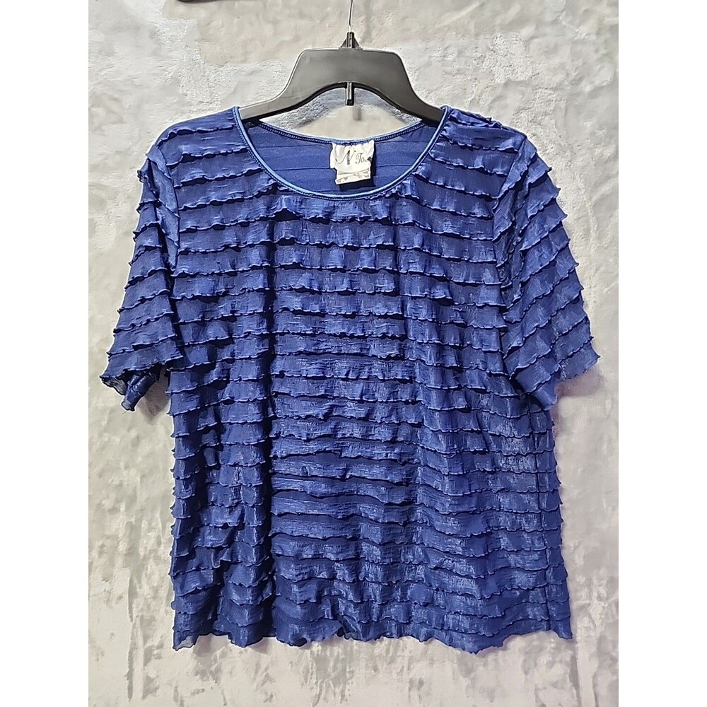 N Touch Blouse Shirt Ruffles Womens L* Blue Stretch Lined Sheer